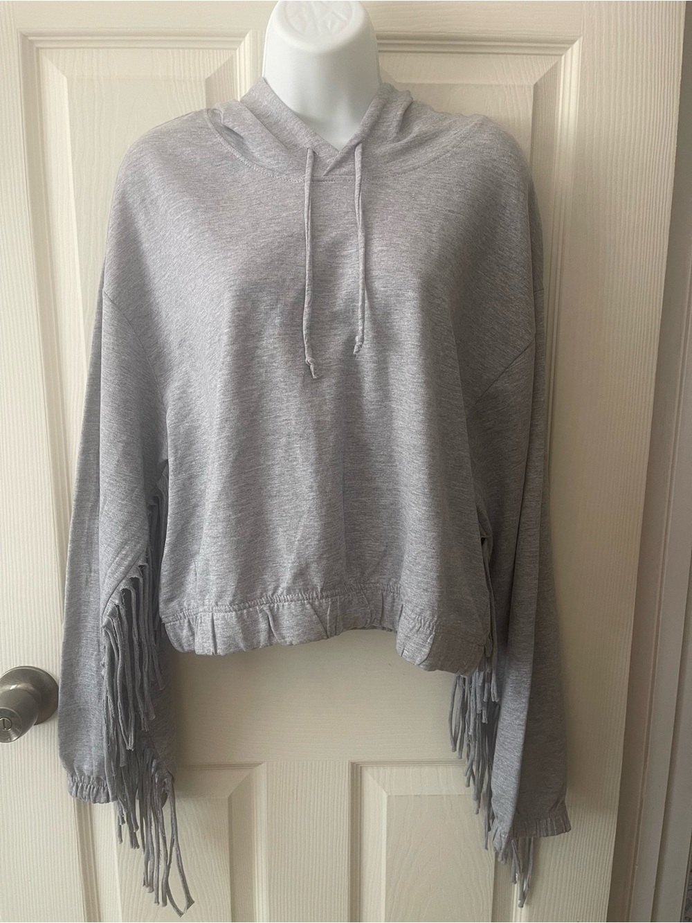 Women's Light Gray Fringe Hoodie - Casual Pullover